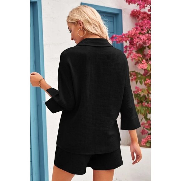 Double Take Textured Shirt and Elastic Waist Shorts Set - Picture 2 of 3